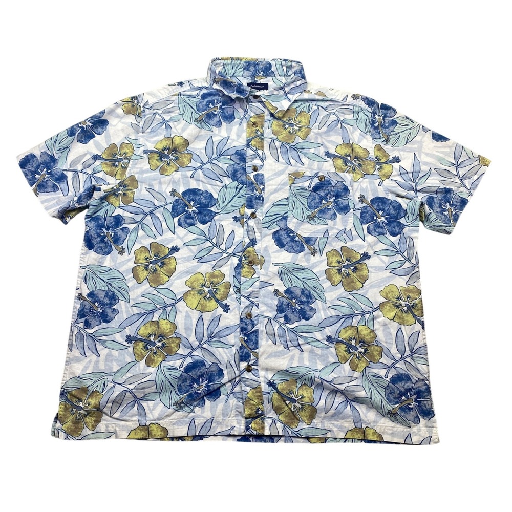 Croft & Barrow Men XL Blue Hibiscus Floral Cotton Short Sleeve Button Down Shirt